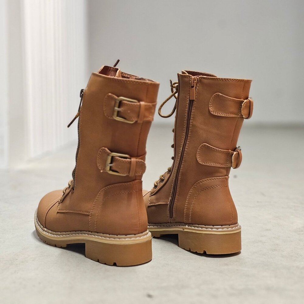Womens Tan Lace-Up & Side-Zip Combat Boots With Adjustable Buckles Chunky Sole A - Picture 3 of 7
